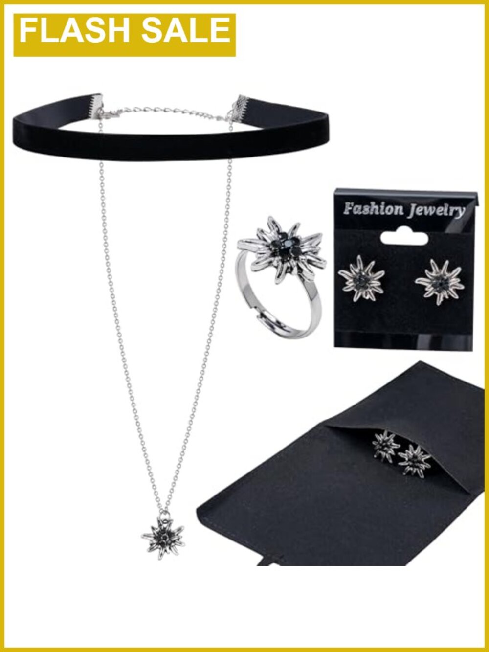 Rhinestone Jewelry Set Necklace Ring Earrings Adjustable Gift for Women